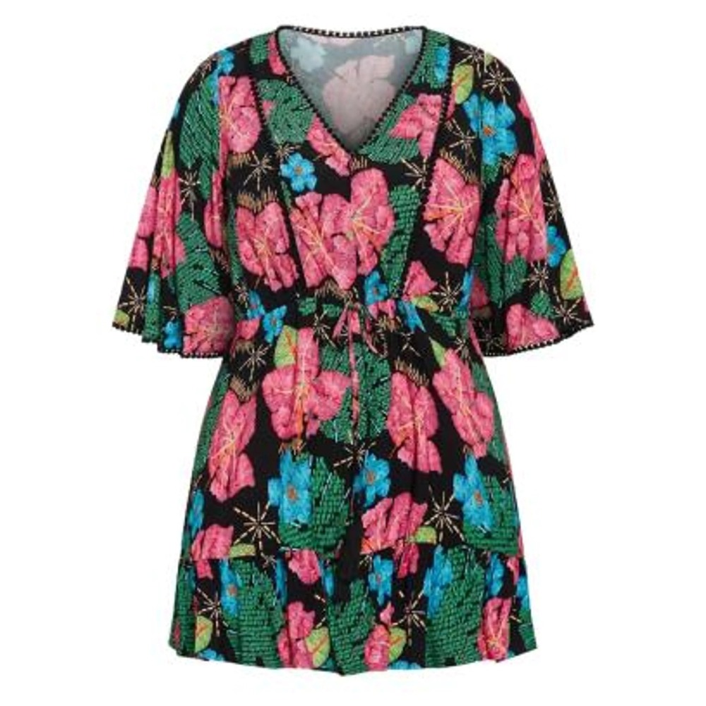AVENUE Floral Utopia Tunic Top 22/24 Black Pink Tropical Resort Vacation Coverup